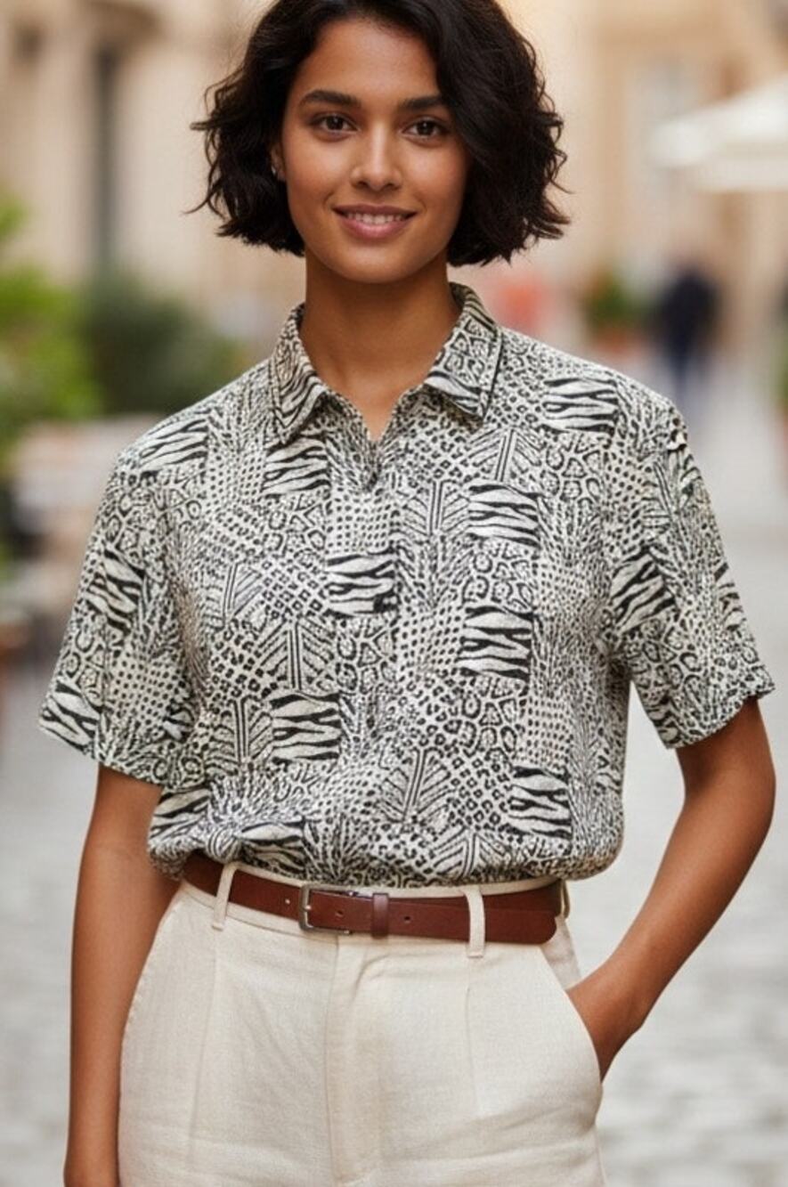 Vintage 90's Anna & Frank Twee Animal Print Patchwork Style Silk Blouse